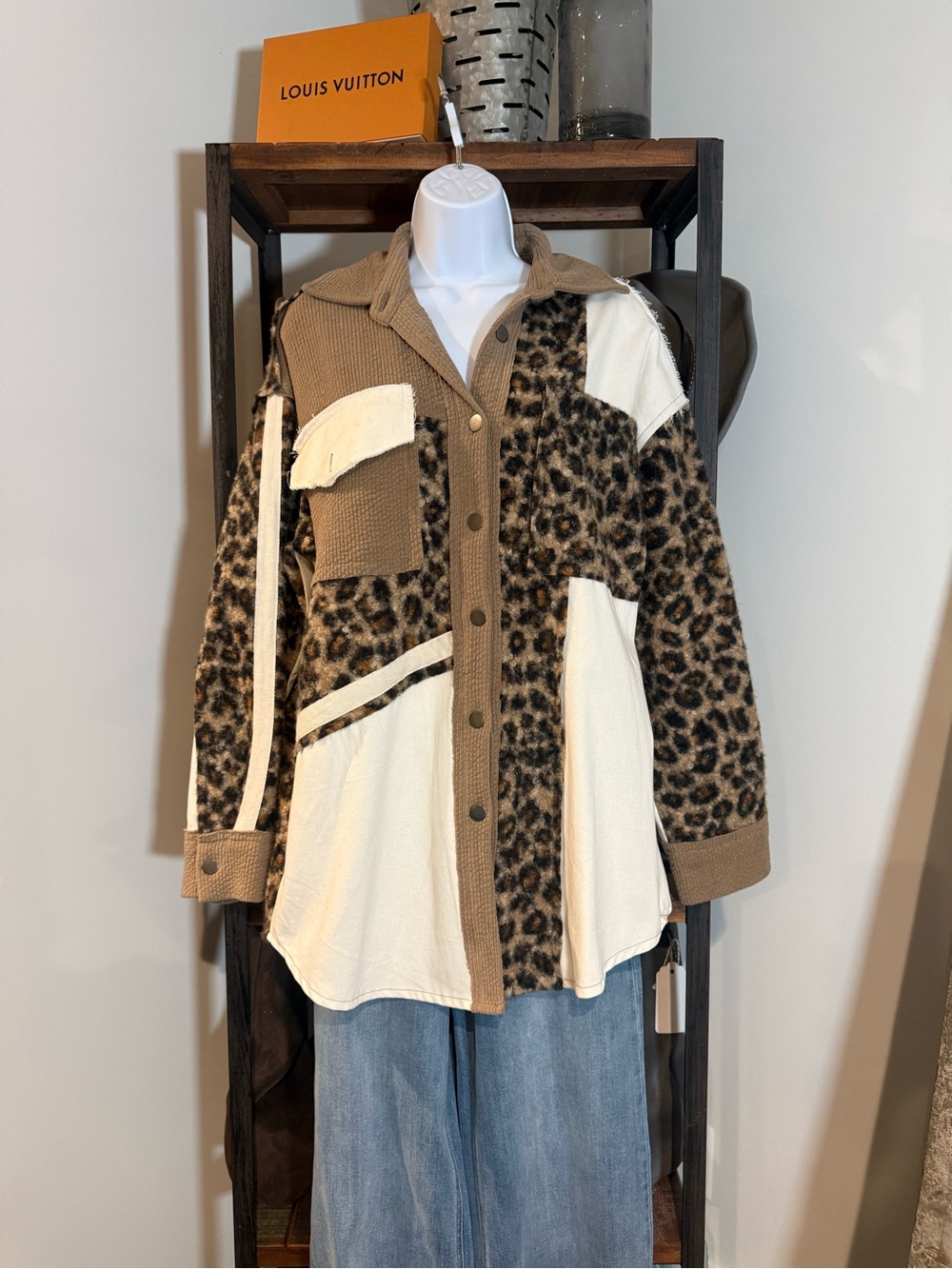 POL Leopard Patchwork Shacket in Tan and Cream